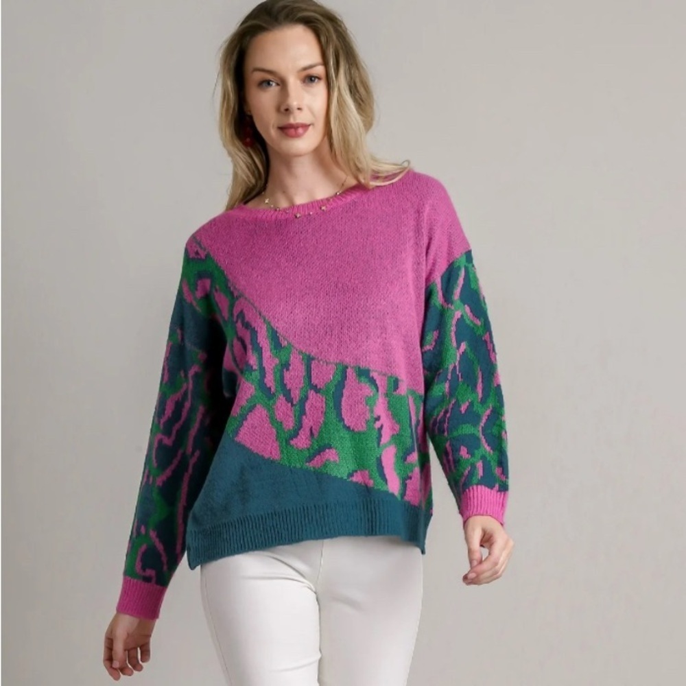 Umgee Colorblock Leopard Pullover Sweater in Green Mix NWT Sz Large
